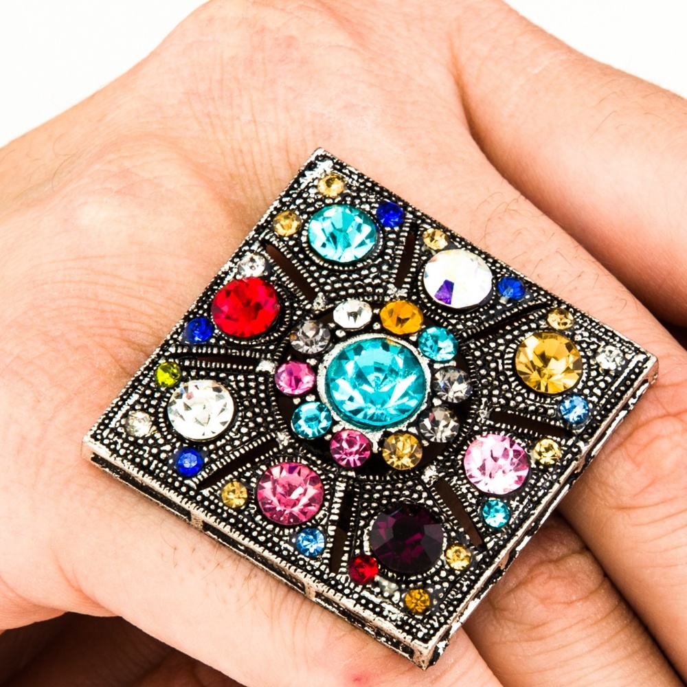 Antiqued Silver Square Ring w/ Colorful Stones